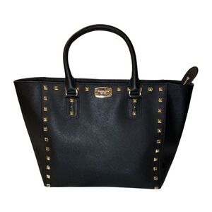 Michael Kors Sandrine Gold Studded Black Saffiano Leather Tote Bag